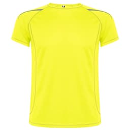 A bright yellow T-shirt with a crew neck and contrast stitching, featuring a logo on the upper front.