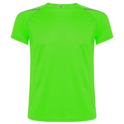 A bright green T-shirt with contrasting trim and a logo on the neckline.