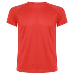 A bright red T-shirt with contrasting grey seams and a logo on the neckline.