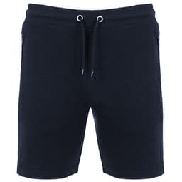 Dark navy shorts with a drawstring waistband and side pockets. Features a logo on the design.