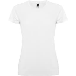 A white women's t-shirt with a classic fit and short sleeves, featuring a logo at the neckline.
