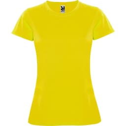 A bright yellow women's T-shirt with a fitted cut and a logo at the neckline.