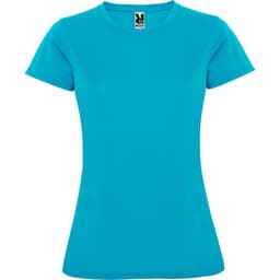 A turquoise women's T-shirt with short sleeves and a fitted design, featuring a logo on the neckline.