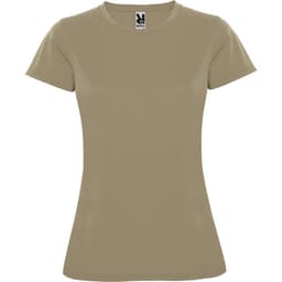 A women's t-shirt in a light beige colour, featuring short sleeves and a fitted design. It has a logo on the label.