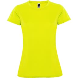 A bright yellow women's t-shirt with a fitted design and a logo on the neckline.