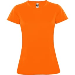 An orange women's T-shirt featuring a fitted design and a tag with branding at the neckline.