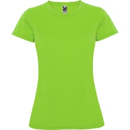 A vibrant green women's T-shirt with a fitted design and a logo on the neckline.