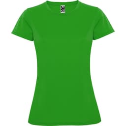 A green women's T-shirt with a round neckline and short sleeves, featuring a logo at the collar.