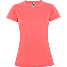 A coral women's T-shirt featuring a fitted design and short sleeves, with a logo on the label.