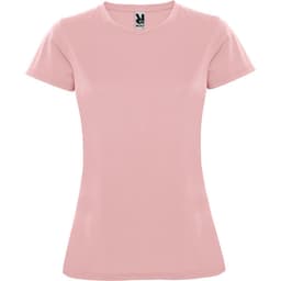A pink women's t-shirt with a fitted design. The shirt features a round neckline and short sleeves, with a logo visible.
