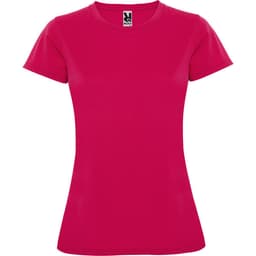 A vibrant pink women's T-shirt with a fitted style. Includes a logo on the label.