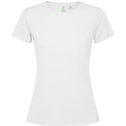 A white women's t-shirt with a fitted design and short sleeves. It has a small logo on the label.