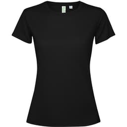 A black women's T-shirt with short sleeves, featuring a fitted design and a label tag.