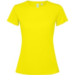 A bright yellow women's T-shirt with short sleeves and a fitted design, featuring a logo.
