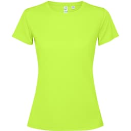A bright green women's T-shirt with short sleeves and a fitted design. It features a logo on the label.