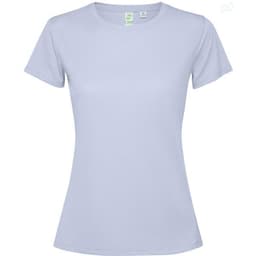 A light purple women's T-shirt featuring short sleeves and a round neckline, with a brand logo.