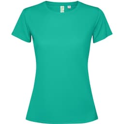A women's T-shirt in a bright teal colour with short sleeves and a fitted design. It features a logo.