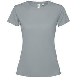 A women's T-shirt in a soft grey colour, featuring a classic crew neckline and short sleeves. It has a logo.