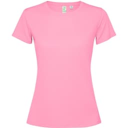 A pink women's T-shirt with short sleeves and a fitted design, featuring a brand logo.
