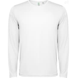 A long-sleeved T-shirt in white, featuring a simple design and a logo on the garment.