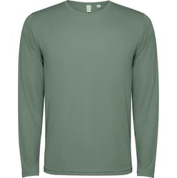 A long-sleeved T-shirt in a muted green colour with a simple design and a logo.