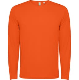 An orange long-sleeved T-shirt with a simple design and a label at the neck. It features a logo.