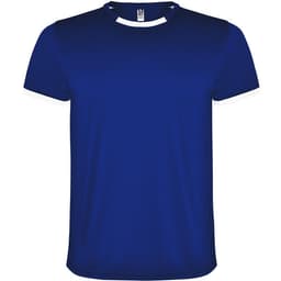 A blue sports shirt featuring a white collar and sleeves, made from a lightweight fabric, with a logo on the chest.