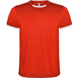 A red sports t-shirt with white accents, featuring a logo on the neckline. Suitable for various sports activities.