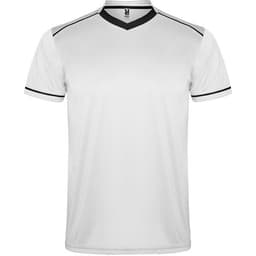 A white sports uniform t-shirt with black accents and a V-neck design. It features a logo on the front.