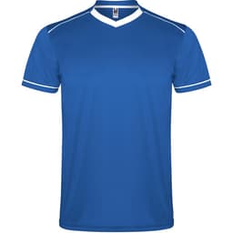 A blue sports uniform top with white accents and a V-neck design, featuring a logo.