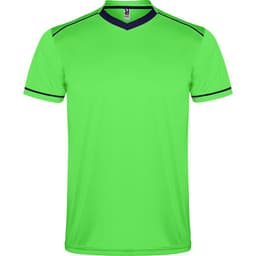 A green sports shirt with a V-neck and dark trim. The shirt features a logo on the front.