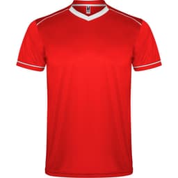 A red sports uniform shirt with a V-neck and white trim, featuring a logo on the neckline.