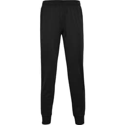 Black training trousers with a fitted design, featuring elastic cuffs and a waistband. Includes a logo.