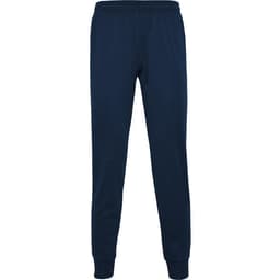 Navy track pants with an elastic waistband and cuffed ankles, featuring a logo. Suitable for casual and athletic wear.