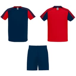 A sports uniform set featuring a blue and red short-sleeve shirt and blue shorts, with branding on the shirt.