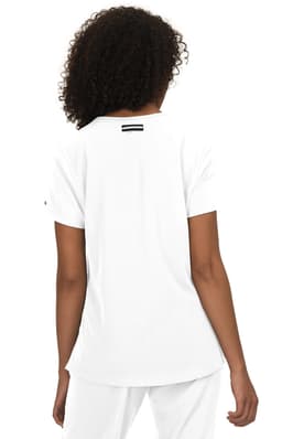 A white short-sleeved top with a simple design, featuring a logo on the back.