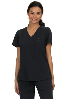 A dark navy women's top with a V-neck and short sleeves, featuring a pocket and a logo.