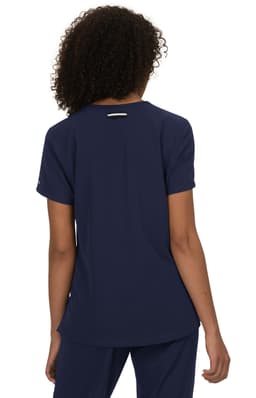 A navy blue top featuring a simple design and a small logo on the back.