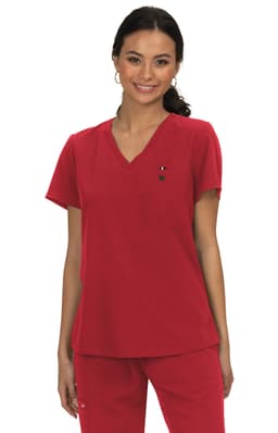 A red medical top with a v-neck design, featuring a pocket and a logo. A model wears the top confidently.