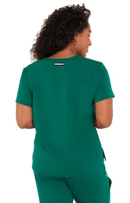 A green top with short sleeves, featuring a back design and a logo.