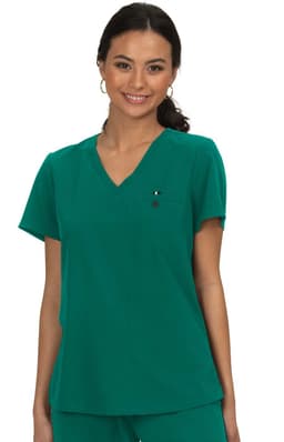 A model wearing a short-sleeve, v-neck top in a vibrant green colour, featuring a small logo on the chest.