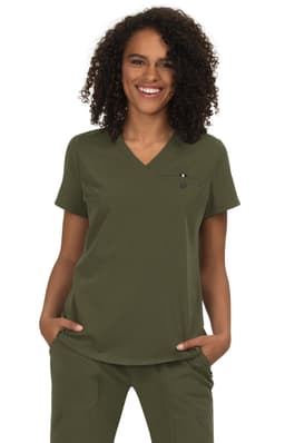 A model wearing an olive green scrub top with a V-neckline and a small logo on the chest.