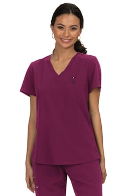 A purple medical top with a v-neck, short sleeves, and a small logo on the chest.