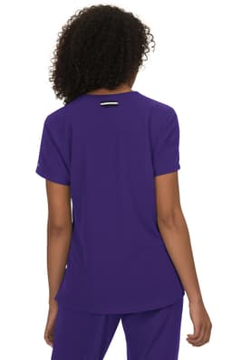 A purple top with short sleeves and a logo on the back, featuring a simple and stylish design.