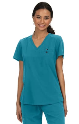 A turquoise top with a V-neck design and short sleeves, featuring a small pocket and a logo.
