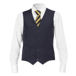 A navy vest with a white shirt and a yellow striped tie, featuring buttons and pockets. The garment has a logo.