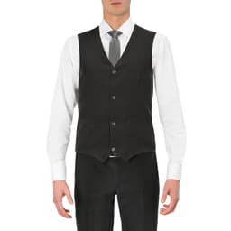 A black vest worn over a white shirt, featuring a five-button front and a sleek design. It has a logo on the label.