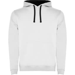 A white hooded sweatshirt with a black hood and drawstrings. It features a front pocket and has a logo.