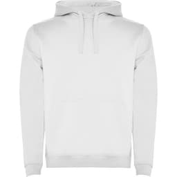 A white hooded sweatshirt with a front pocket and a logo.