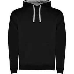 A black hooded sweatshirt with a grey lined hood and a front pocket, featuring a logo.